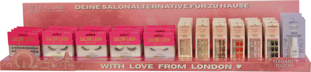 Das Thekendisplay aus Wellpappe in XXL-Format für künstliche Wimpern und Fingernägel der Marken Eylure und Elegant Touch.