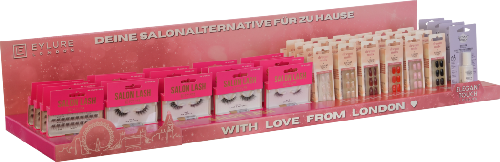Das Thekendisplay aus Wellpappe in XXL-Format für künstliche Wimpern und Fingernägel der Marken Eylure und Elegant Touch.