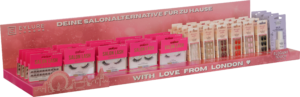 Das Thekendisplay aus Wellpappe in XXL-Format für künstliche Wimpern und Fingernägel der Marken Eylure und Elegant Touch.